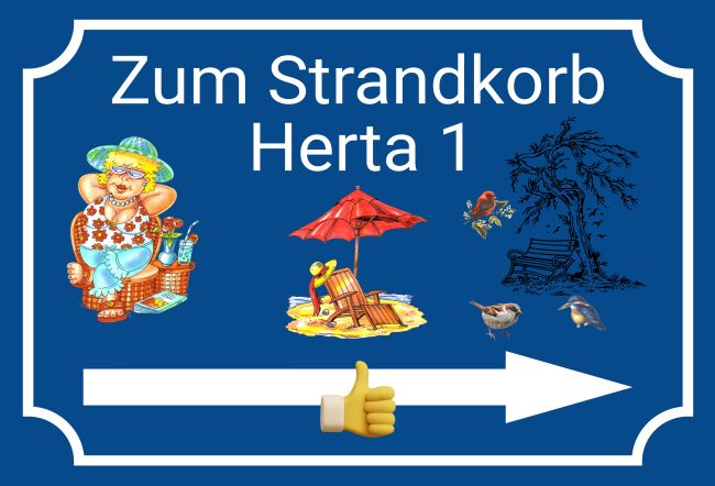 Zum Strandkorb Herta 1 Wegweiser Schild smart kreativ spritzig auffallend lustig schilder selbst gestalten